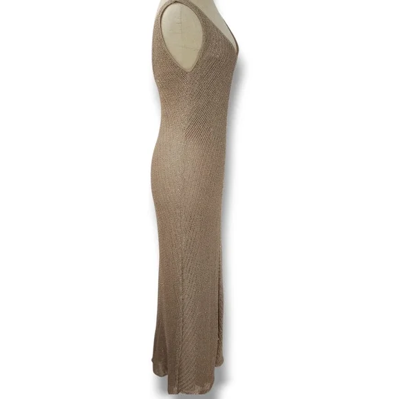 Carmen Marc Valvo Knit crochet Maxi Dress L tan gold All-over beaded formal  vtg Women